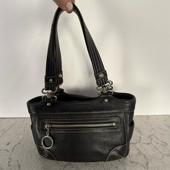 Vintage Maxximum Black Pebbled Leather Handbag Satchel Silver Hardware Zippers - Picture 1 of 9